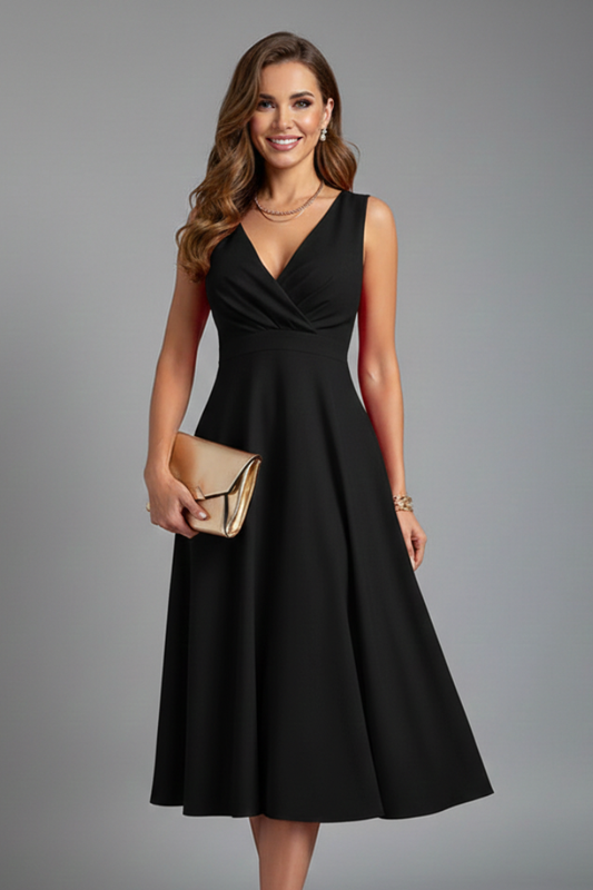 Women’s Midi Dress with V-Neck and Zip Closure - Chic Evening Event