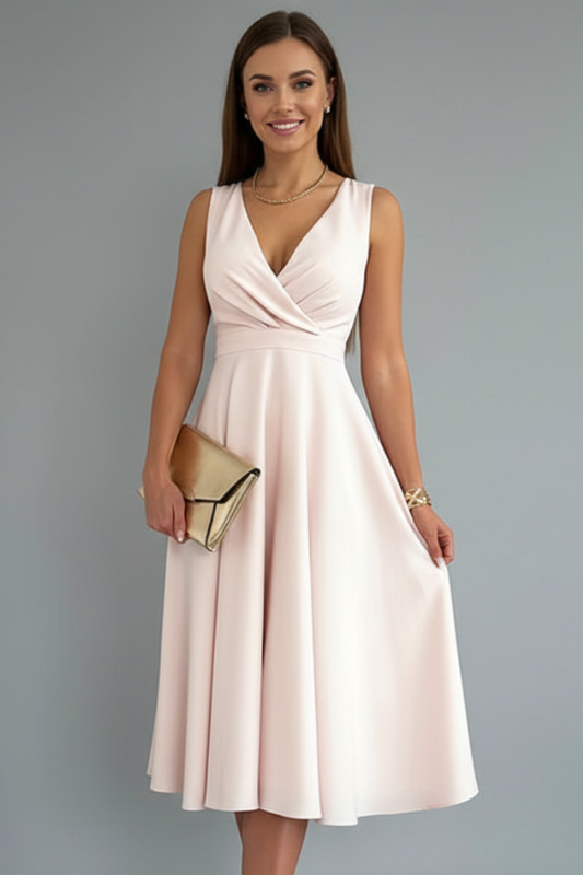 Women’s Midi Dress with V-Neck and Zip Closure - Chic Evening Event
