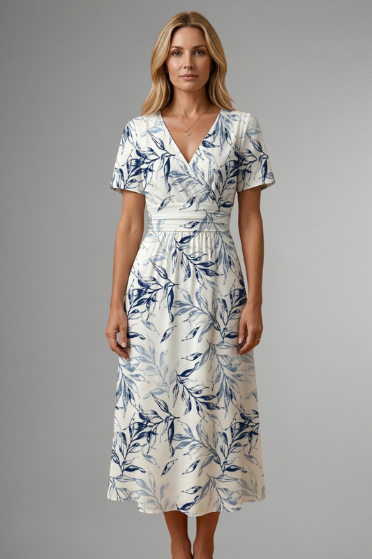 Women’s Midi Dress with V Neckline and Floral Print - Boho Beach Party