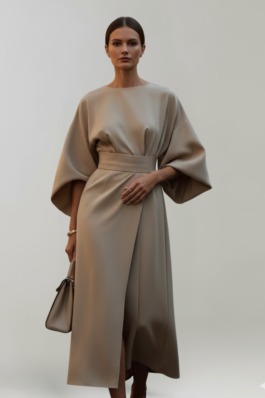 Women’s Midi Dress with Wide Sleeves and Belted Waist - Boho Spring Resort