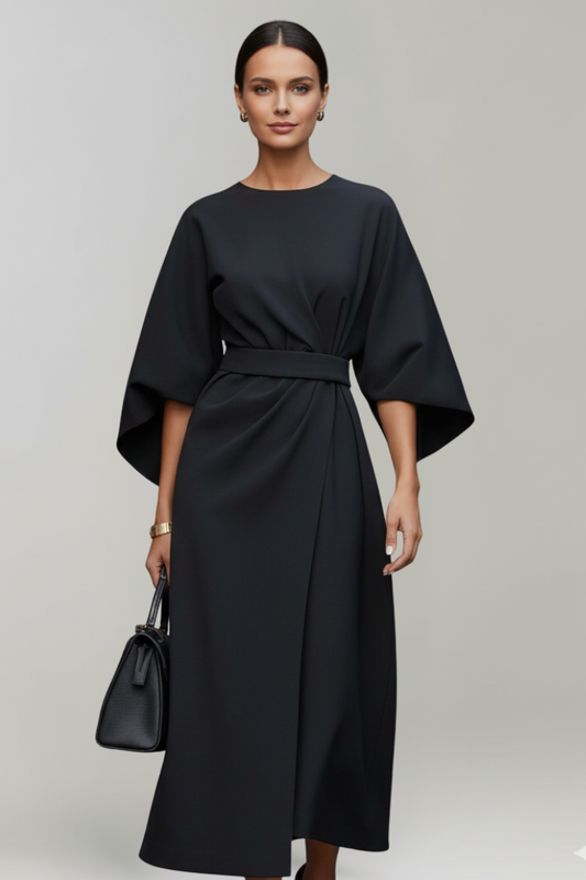 Women’s Midi Dress with Wide Sleeves and Belted Waist - Boho Spring Resort