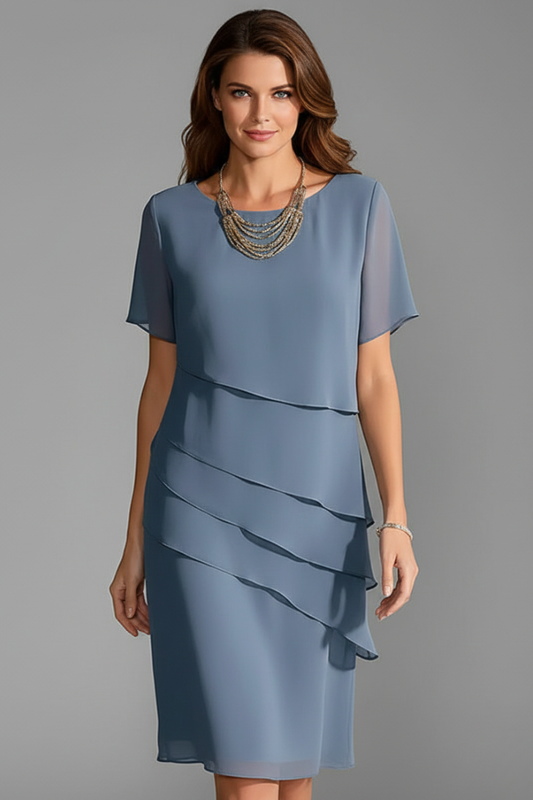 Women’s Short Sleeve Dress with Layered Front and Straight Hem - Casual Spring Resort