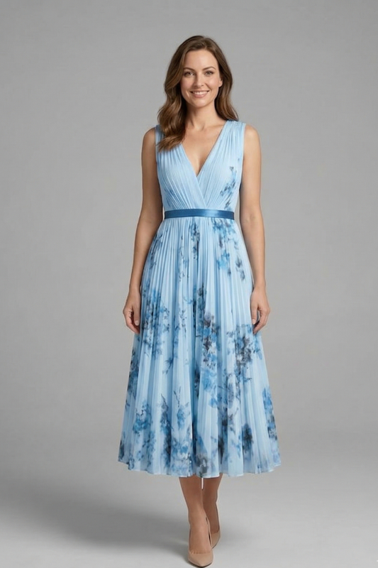 Women’s Sleeveless Dress with V-Neck and Pleated Skirt - Summer Garden Guest