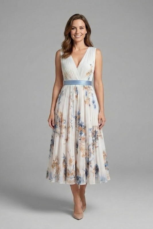 Women’s Sleeveless Dress with V-Neck and Pleated Skirt - Summer Garden Guest