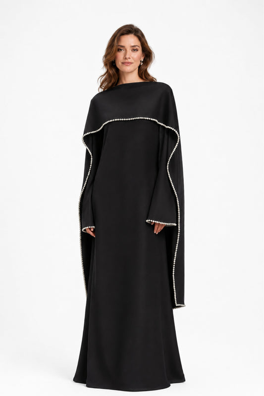 Sommet Pearl Trim Shawl Detail Maxi Dress / Black