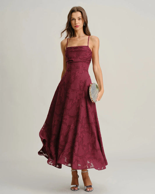 Wine Red Jacquard Slip Maxi Dress